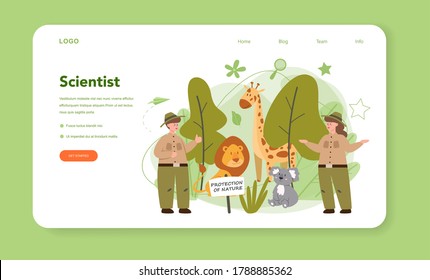 Zoologist web banner or landing page. Scientist exploring and studying fauna. Wild animal rotection, expedition to wild nature. Isolated vector illustration