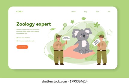 Zoologist web banner or landing page. Scientist exploring and studying fauna. Wild animal rotection, expedition to wild nature. Isolated vector illustration