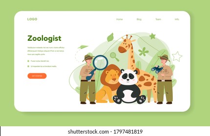 Zoologist web banner or landing page. Scientist exploring and studying fauna. Wild animal rotection, expedition to wild nature. Isolated vector illustration