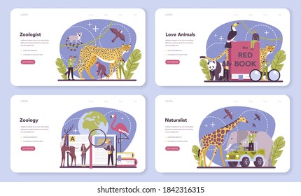 Zoologist web banner or landing page set. Scientist exploring and studying fauna. Wild animal studying and protection, naturalist going on expedition to wild nature. Isolated vector illustration