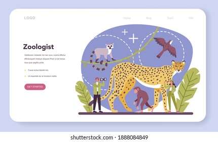 Zoologist web banner or landing page. Scientist exploring and studying fauna. Wild animal studying and protection, naturalist going on expedition to wild nature. Isolated vector illustration