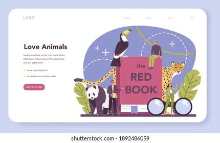 Zoologist web banner or landing page. Scientist exploring and studying fauna. Wild animal studying and protection, naturalist going on expedition to wild nature. Isolated vector illustration