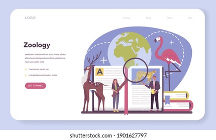 Zoologist web banner or landing page. Scientist exploring and studying fauna. Wild animal studying and protection, naturalist going on expedition to wild nature. Isolated vector illustration