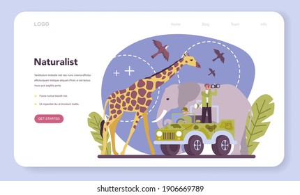 Zoologist web banner or landing page. Scientist exploring and studying fauna. Wild animal studying and protection, naturalist going on expedition to wild nature. Isolated vector illustration