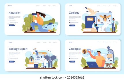 Zoologist web banner or landing page set. Scientist exploring and studying fauna. Wild animal studying and protection, naturalist going on expedition to wild nature. Isolated vector illustration