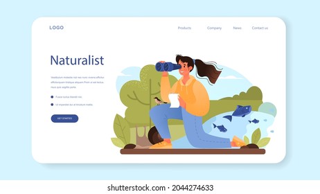 Zoologist web banner or landing page. Scientist exploring and studying fauna. Wild animal studying and protection, naturalist going on expedition to wild nature. Isolated vector illustration