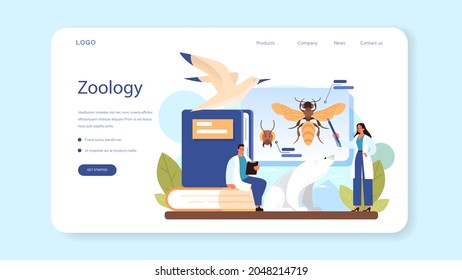 Zoologist web banner or landing page. Scientist exploring and studying fauna. Wild animal studying and protection, naturalist going on expedition to wild nature. Isolated vector illustration