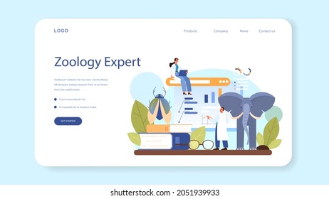 Zoologist web banner or landing page. Scientist exploring and studying fauna. Wild animal studying and protection, naturalist going on expedition to wild nature. Isolated vector illustration