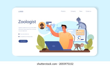 Zoologist web banner or landing page. Scientist exploring and studying fauna. Wild animal studying and protection, naturalist going on expedition to wild nature. Isolated vector illustration