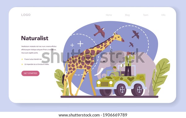 Zoologist\
web banner or landing page. Scientist exploring and studying fauna.\
Wild animal studying and protection, naturalist going on expedition\
to wild nature. Isolated vector\
illustration