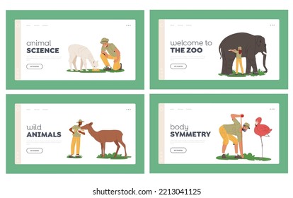 Zoologist Work Landing Page Template Set. Characters Study Animals in Natural Habitat. Scientists Explore Tameless Animals, Expedition To Wild Nature, Wildlife. Cartoon People Vector Illustration