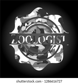 Zoologist written on a grey camouflage texture