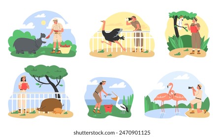 Zoologists engaged in various activities with animals. Vector illustration set featuring care, observation, and study in natural habitats.