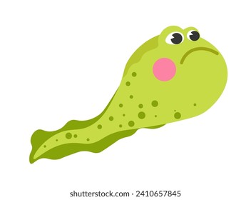 La zoología y la biología de la criatura del agua con la cabeza grande y la cola larga flotando. Natación en Tadpole. Anfibio larval aislado o poco escarpado con expresión de tristeza y ruborizamiento. Vector de estilo plano