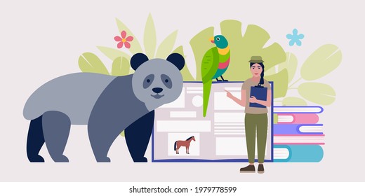 Zoology concept. Expedition, excursion to wild nature. Study of animals. Colorful flat illustration