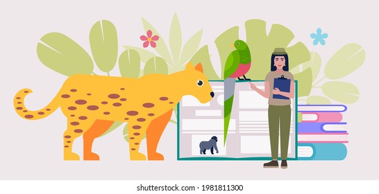 Zoology concept. Expedition, excursion to wild nature. Study of animals. Colorful flat illustration