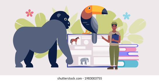 Zoology concept. Expedition, excursion to wild nature. Study of animals. Colorful flat illustration