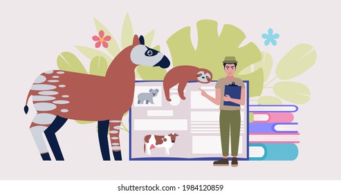 Zoology concept. Expedition, excursion to wild nature. Study of animals. Colorful flat illustration