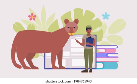 Zoology concept. Expedition, excursion to wild nature. Study of animals. Colorful flat illustration