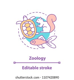 Zoology concept icon. Science idea thin line illustration. Animal biology. Turtle, goldfish, squirrel. Vector isolated outline drawing. Editable stroke