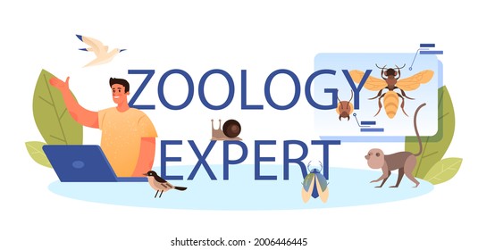 Zoology expert typographic header. Scientist exploring and studying fauna. Wild animal studying and protection, naturalist going on expedition to wild nature. Isolated vector illustration