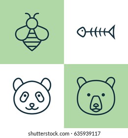 Zoology Icons Set. Collection Of Bumblebee, Seafood Skeleton, Bear And Other Elements. Also Includes Symbols Such As Grizzly, Panda, Fish.