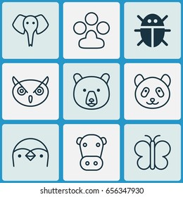Zoology Icons Set. Collection Of Diver, Night Fowl, Trunked Animal And Other Elements. Also Includes Symbols Such As Milk, Elephant, Moth.