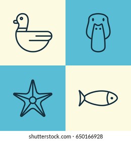 Zoology Icons Set. Collection Of Fish, Duck, Starfish And Other Elements. Also Includes Symbols Such As Starfish, Sea, Fish.