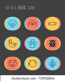 Zoology Icons Set. Collection Of Fish, Claw Print, Bumblebee And Other Elements. Also Includes Symbols Such As Chimpanzee, Fish, Bug.