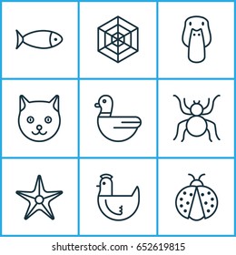 Zoology Icons Set. Collection Of Hen, Ladybird, Cobweb And Other Elements. Also Includes Symbols Such As Pussy, Cobweb, Duck.
