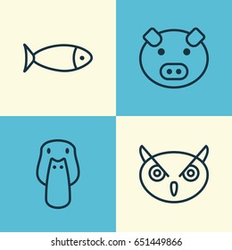 Zoology Icons Set. Collection Of Piglet, Fish, Duck And Other Elements. Also Includes Symbols Such As Owl, Fowl, Piglet.