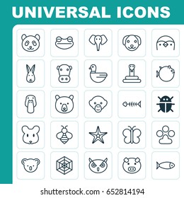 Zoology Icons Set. Collection Of Seafood Skeleton, Baboon, Rat And Other Elements. Also Includes Symbols Such As Piglet, Panda, Butterflyfish.