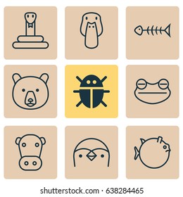 Zoology Icons Set. Collection Of Toad, Duck, Beetle And Other Elements. Also Includes Symbols Such As Duck, Milk, Butterflyfish.