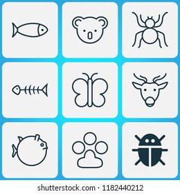 Zoology icons set with globefish, paw, butterfly and other claw print elements. Isolated vector illustration zoology icons.