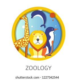 Zoology school discipline study about animals and fauna vector. Tropical representatives of wildworld, tiger giraffe, penguin and dolphin, aquatic creatures. Education about water and land species