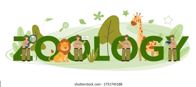 Zoology typographic header concept. Scientist exploring and studying fauna. Wild animal rotection, expedition to wild nature. Isolated vector illustration