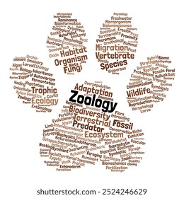 Zoology Word Cloud. Composition of Words Related to Animal Behavior, Classification, and Ecology. Isolated Background.