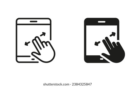 Zoom Action on Display Device. Swipe on Tablet Line and Silhouette Icon Set. Scroll Up in Digital Electronic Device Pictogram. Drag on Touch Screen Symbol Collection. Isolated Vector Illustration.
