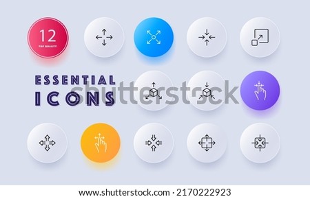 Zoom arrow set icon. Zoom in, expand, rotate, full screen mode, minimize, close, 3d modeling, index finger. Virtual reality concept. Neomorphism style. Vector line icon for Business and Advertising