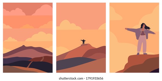 Ampliar los fondos. Conjunto de afiches estéticos abstractos minimalistas con paisaje montañoso, silueta femenina, nubes. Ilustración vectorial de moda para la decoración de paredes, postal o folleto, medios sociales.