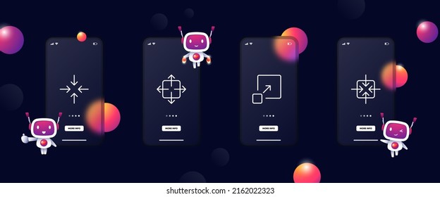 Zoom button set icon. Arrows, zoom in, make full screen, hide, close, exit full screen. Window work concept. Glassmorphism. UI phone app screen with robot. Vector line icon for Business