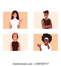 Zoom call vector illustration. Diverse flat female characters - young caucasian, african and asian women - wearing earphones having virtual meeting. Pandemic, covid-19, remote work concepts.