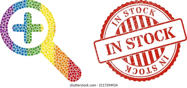 Zoom in collage icon of round items in different sizes and rainbow multicolored color tones. Red round grunge seal with In Stock title. A dotted LGBT- colored zoom in for lesbians, gays, bisexuals,