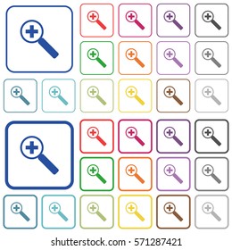 Zoom in color flat icons in rounded square frames. Thin and thick versions included.