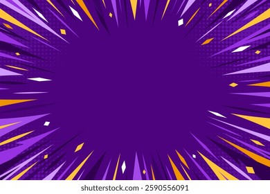 Zoom comic book cartoon purple background. Modern creative pop art purple background with speed lines. Pop art comic backdrop in purple, white and yellow tones