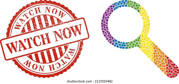 Zoom composition icon of circle elements in different sizes and rainbow colored color tints. Red rounded distress seal imprint with Watch Now phrase. A dotted LGBT- colored zoom for lesbians, gays,