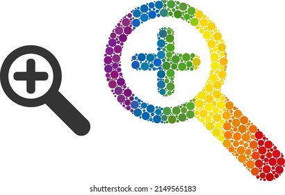 Zoom in composition icon of filled circles in various sizes and rainbow colorful shades. A dotted LGBT-colored zoom in for lesbians, gays, bisexuals, and transgenders. Vector icon in LGBT flag colors.