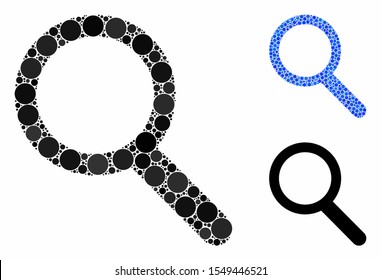 Zoom composition of small circles in variable sizes and color tinges, based on zoom icon. Vector small circles are combined into blue collage. Dotted zoom icon in usual and blue versions.