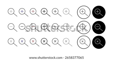 Zoom control icon, magnifier with symbol, plus and minus in magnifier. Line and silhouette set icon.