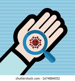 Zoom in coronavirus cells on hand with magnifying glass. The COVID-19, virus Wuhan from China.
